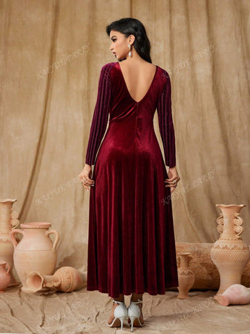 Women's Faux Pearl Decor Hollow Out Long Sleeve Maxi Formal Dress (Heavily Embellished)