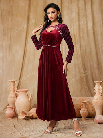 Women's Faux Pearl Decor Hollow Out Long Sleeve Maxi Formal Dress (Heavily Embellished)