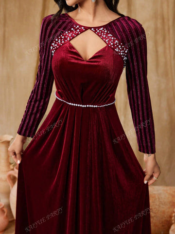 Women's Faux Pearl Decor Hollow Out Long Sleeve Maxi Formal Dress (Heavily Embellished)