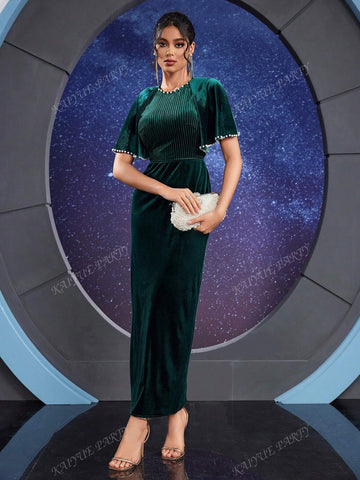 Women's Faux Pearl Decor Ruffle Trim Long Formal Gown (Embellished Style)