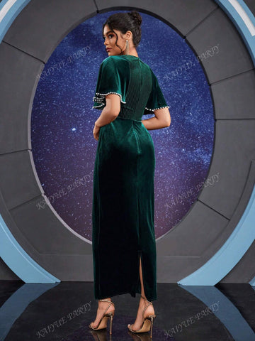 Women's Faux Pearl Decor Ruffle Trim Long Formal Gown (Embellished Style)