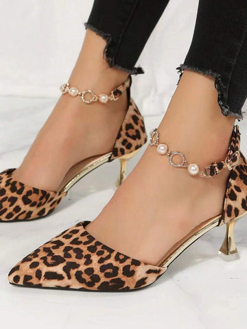 Women's Faux Pearl Strap Sandals, Hollow Out Leopard Print Elegant High Heels,
