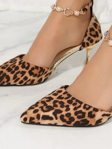 Women's Faux Pearl Strap Sandals, Hollow Out Leopard Print Elegant High Heels,