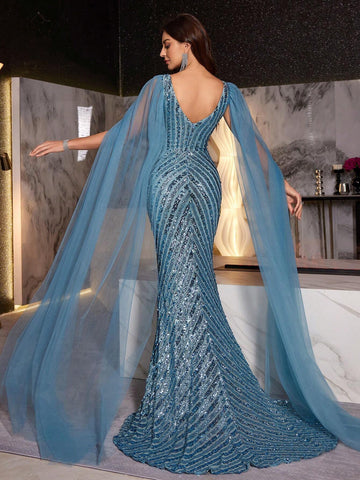 Women's Fish Tail Evening Dress With Sheer Panel And Sparkly Sequins