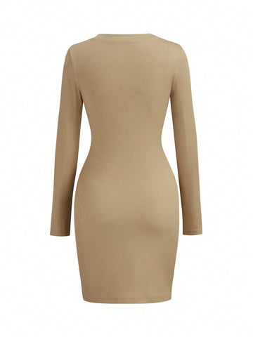 Women's Fitted Button Crew Neck Split Long Sleeve Dress