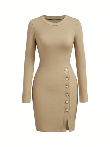 Women's Fitted Button Crew Neck Split Long Sleeve Dress