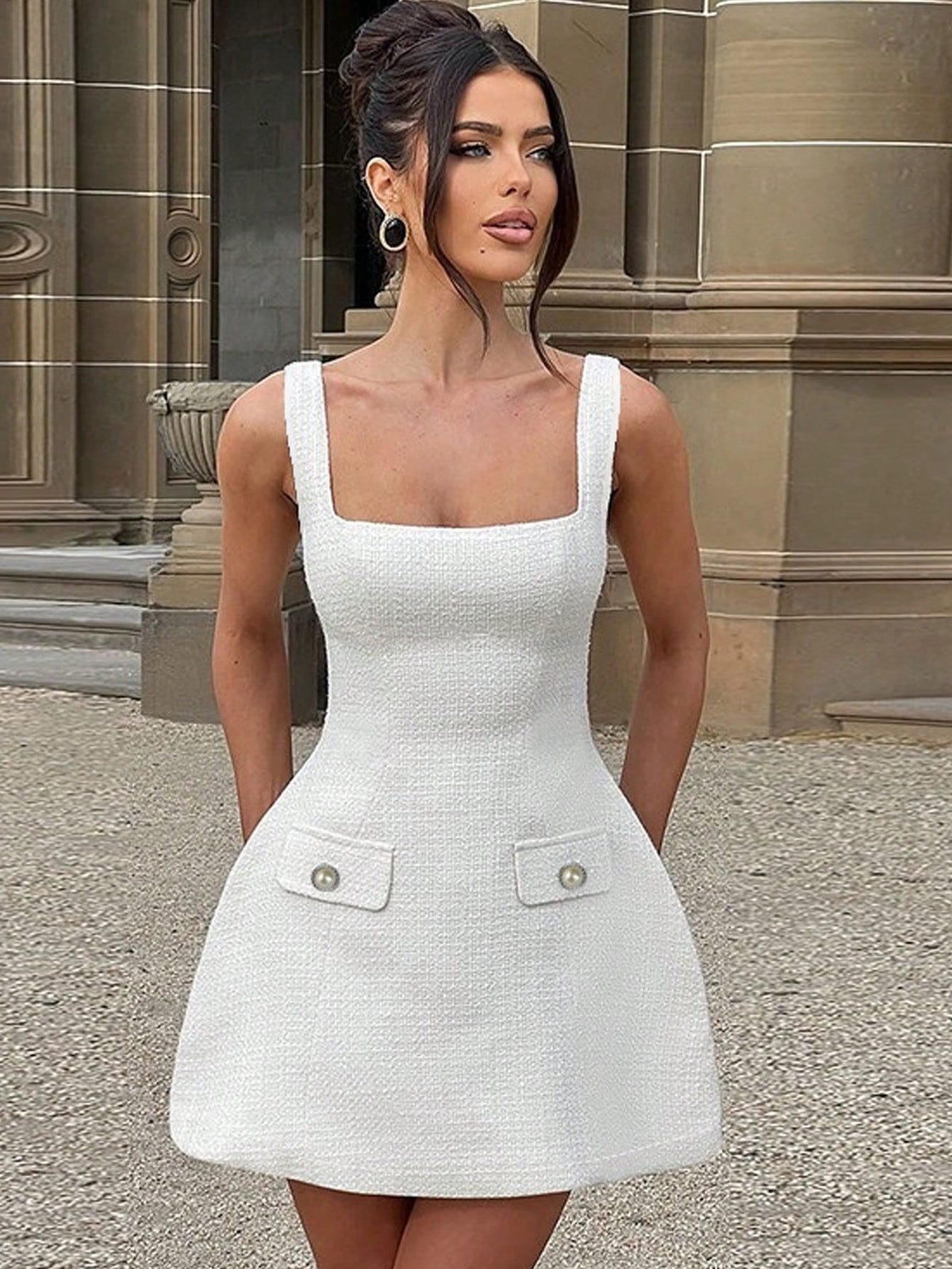 Women's Fitted Faux Pocket Button Decor Dress, Stylish