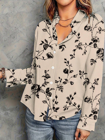 Women's Floral Allover Print Button-Front Long Sleeve Casual Blouse