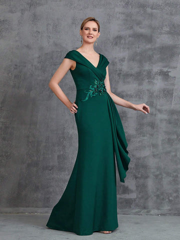 Womens' Floral Applique Cap Sleeves Formal Dress