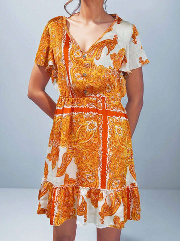 Women's Floral Boho Dress Casual Short Sleeve V Neck Ruffle Tiered 2024 Summer Swing Maxi Dresses