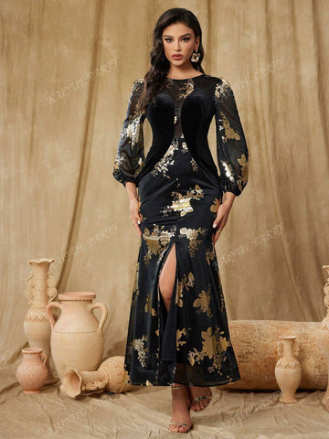 Women's Floral Foil Print Mermaid Formal Evening Gown