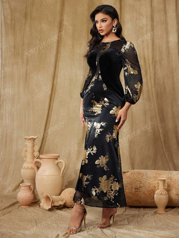 Women's Floral Foil Print Mermaid Formal Evening Gown