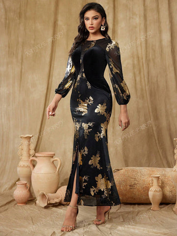 Women's Floral Foil Print Mermaid Formal Evening Gown