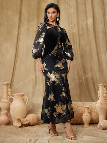 Women's Floral Foil Print Mermaid Formal Evening Gown