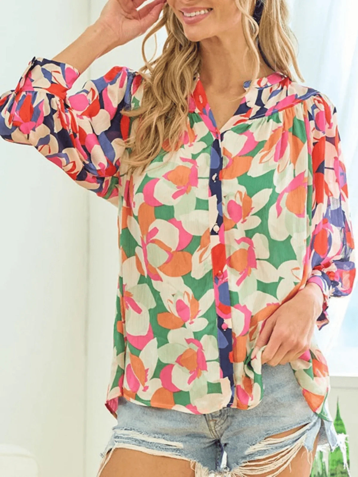Women's Floral Print 3/4 Sleeve Shirt, Spring/Summer