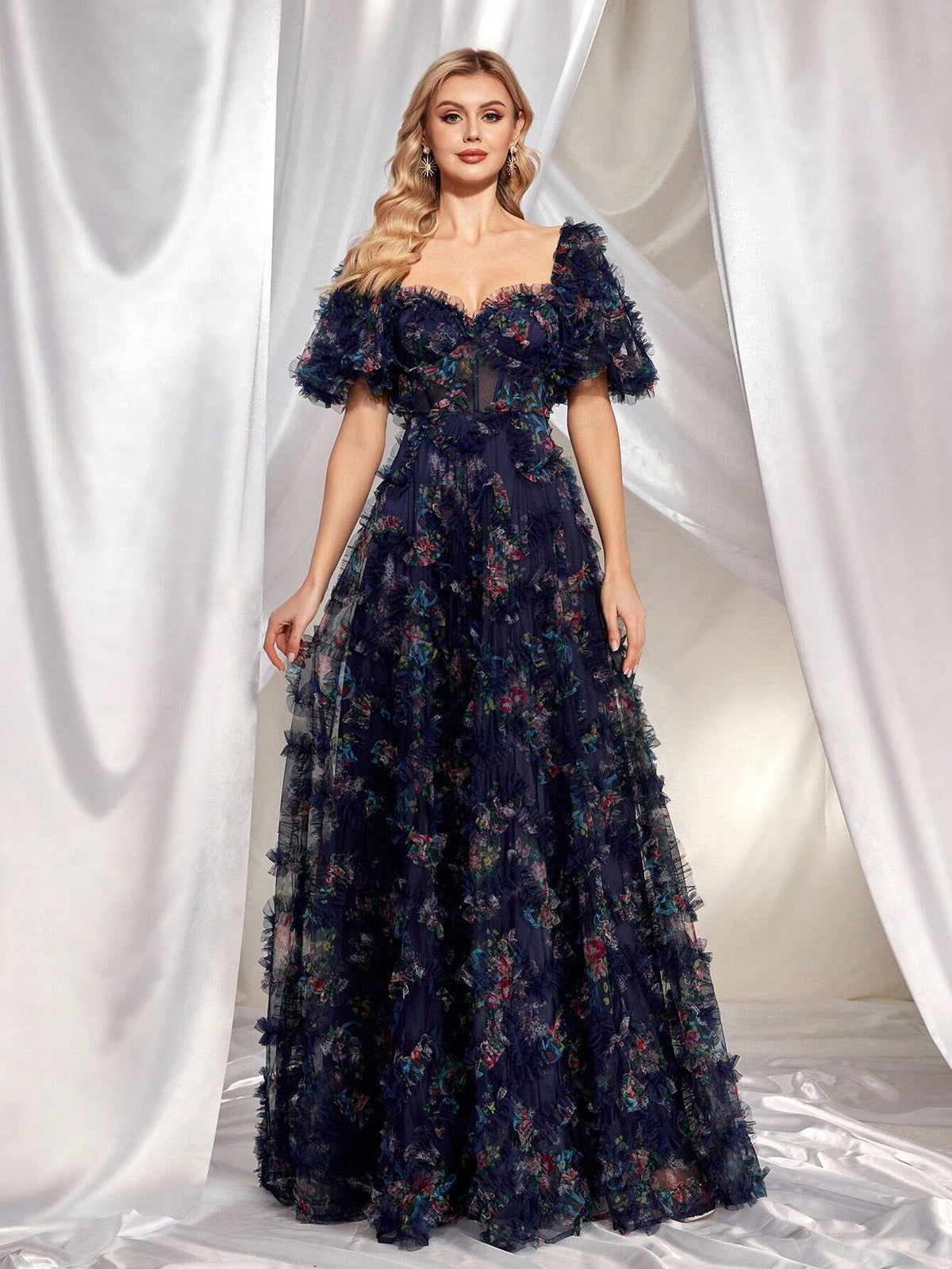 Women's Floral Print 3d Mesh Splicing & Heart Neck Long Evening Dress