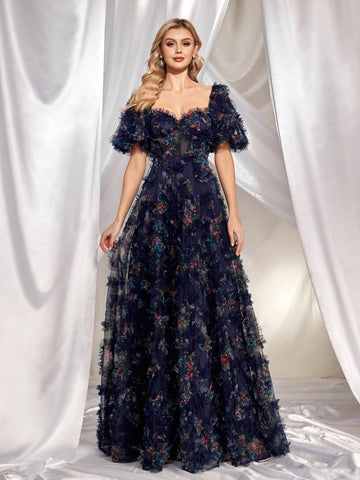 Women's Floral Print 3d Mesh Splicing & Heart Neck Long Evening Dress