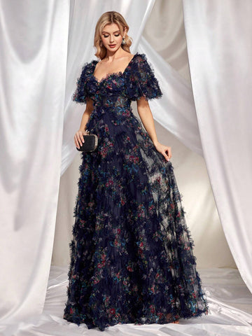 Women's Floral Print 3d Mesh Splicing & Heart Neck Long Evening Dress