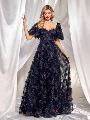 Women's Floral Print 3d Mesh Splicing & Heart Neck Long Evening Dress