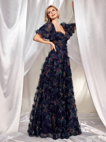 Women's Floral Print 3d Mesh Splicing & Heart Neck Long Evening Dress