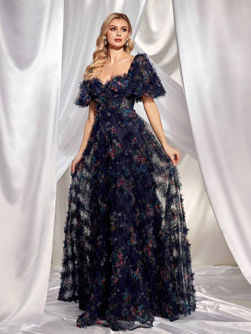 Women's Floral Print 3d Mesh Splicing & Heart Neck Long Evening Dress