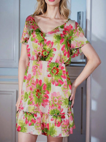 Women's Floral Print Dress With Pleat Design