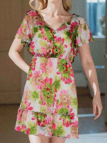 Women's Floral Print Dress With Pleat Design