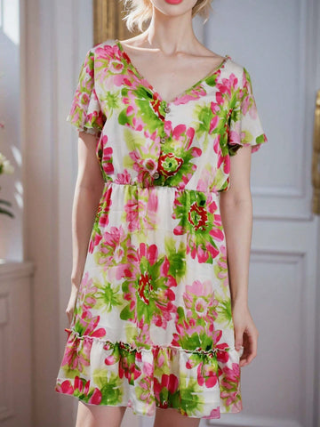 Women's Floral Print Dress With Pleat Design