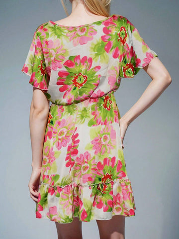 Women's Floral Print Dress With Pleat Design