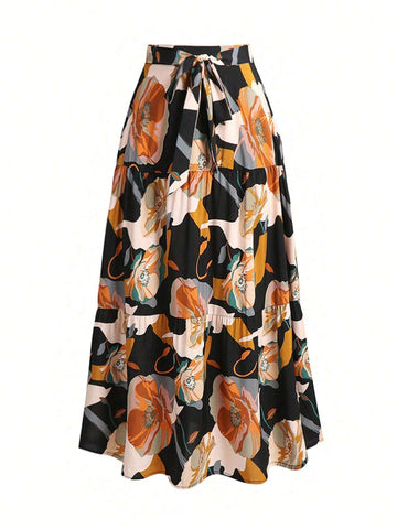 Women's Floral Print Front Knot Skirt