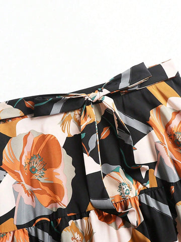 Women's Floral Print Front Knot Skirt