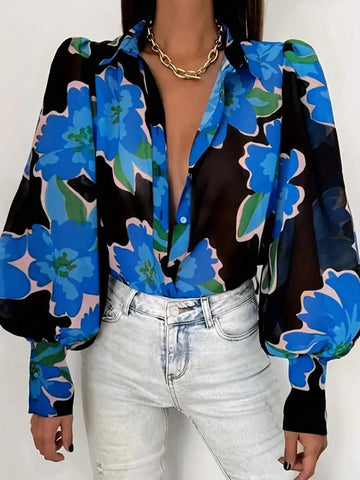 Women's Floral Print Lantern Sleeve Single-Breasted Elegant Blouse, Autumn