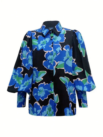 Women's Floral Print Lantern Sleeve Single-Breasted Elegant Blouse, Autumn