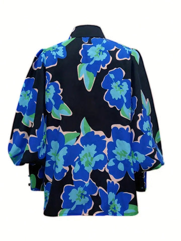 Women's Floral Print Lantern Sleeve Single-Breasted Elegant Blouse, Autumn