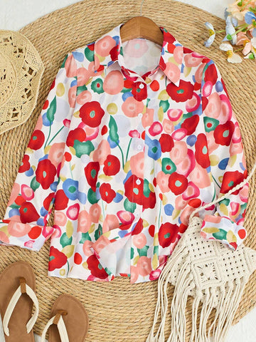 Women's Floral Print Long Sleeve Shirt, Suitable For Spring & Fall Casual Outdoor Activities, Daily Wear And Work