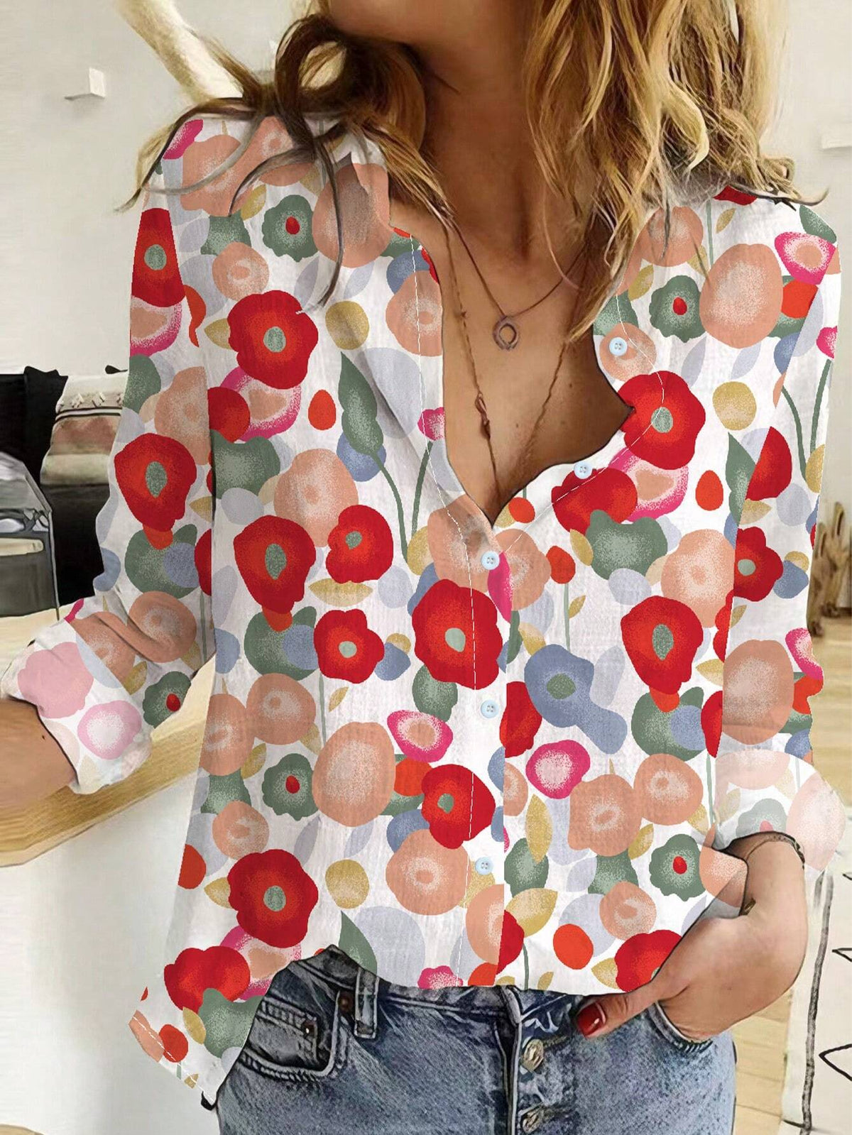 Women's Floral Print Long Sleeve Shirt, Suitable For Spring & Fall Casual Outdoor Activities, Daily Wear And Work