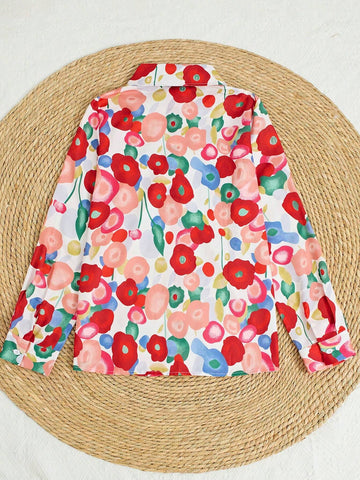 Women's Floral Print Long Sleeve Shirt, Suitable For Spring & Fall Casual Outdoor Activities, Daily Wear And Work