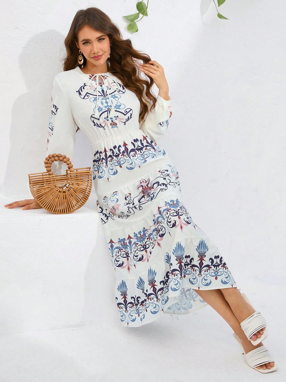 Women's Floral Print Long Sleeve Waist-Cinching Dress