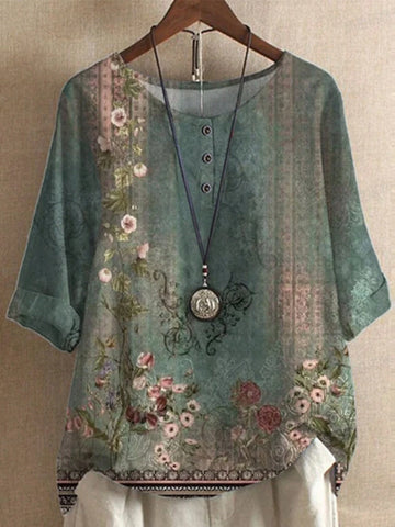 Women's Floral Print Loose Fit Shirt With Round Neck And 3/4 Sleeves, Spring/Summer Vacation