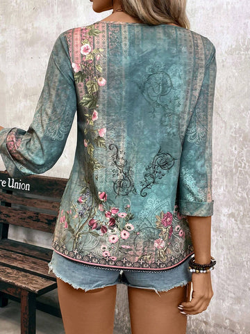 Women's Floral Print Loose Fit Shirt With Round Neck And 3/4 Sleeves, Spring/Summer Vacation