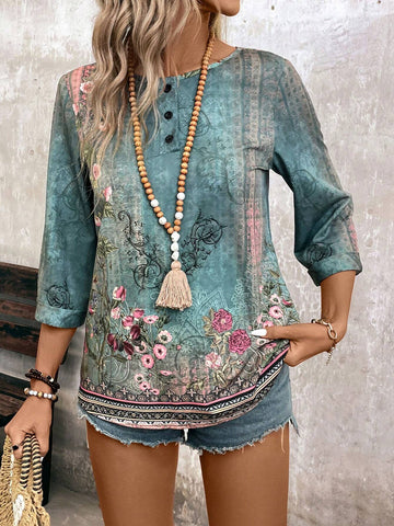 Women's Floral Print Loose Fit Shirt With Round Neck And 3/4 Sleeves, Spring/Summer Vacation