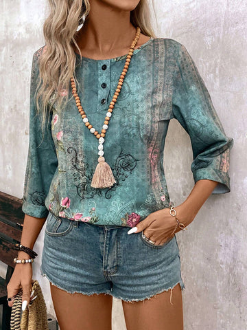 Women's Floral Print Loose Fit Shirt With Round Neck And 3/4 Sleeves, Spring/Summer Vacation