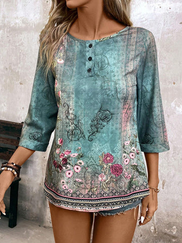 Women's Floral Print Loose Fit Shirt With Round Neck And 3/4 Sleeves, Spring/Summer Vacation