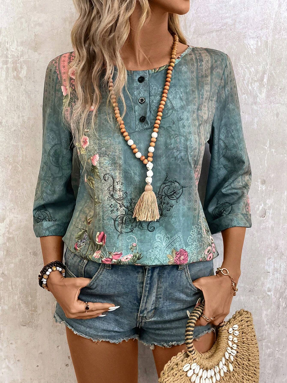 Women's Floral Print Loose Fit Shirt With Round Neck And 3/4 Sleeves, Spring/Summer Vacation