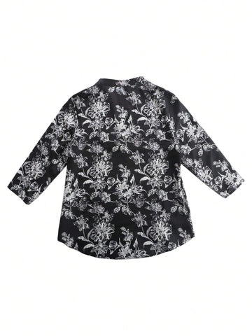 Women's Floral Print Notched Collar Curved Hem Vacation Casual Shirt