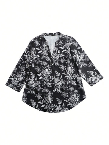 Women's Floral Print Notched Collar Curved Hem Vacation Casual Shirt