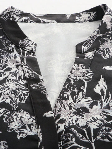 Women's Floral Print Notched Collar Curved Hem Vacation Casual Shirt