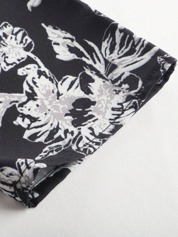 Women's Floral Print Notched Collar Curved Hem Vacation Casual Shirt