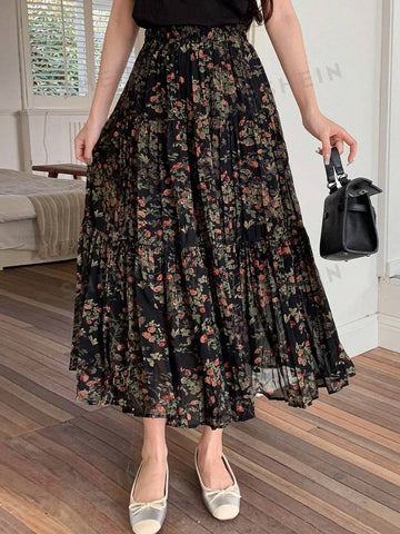 Women's Floral Print Pleated Skirt
