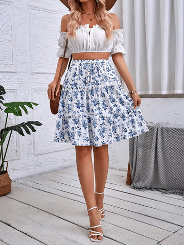 Women's Floral Print Ruffle Hem Elegant A-Line Skirt